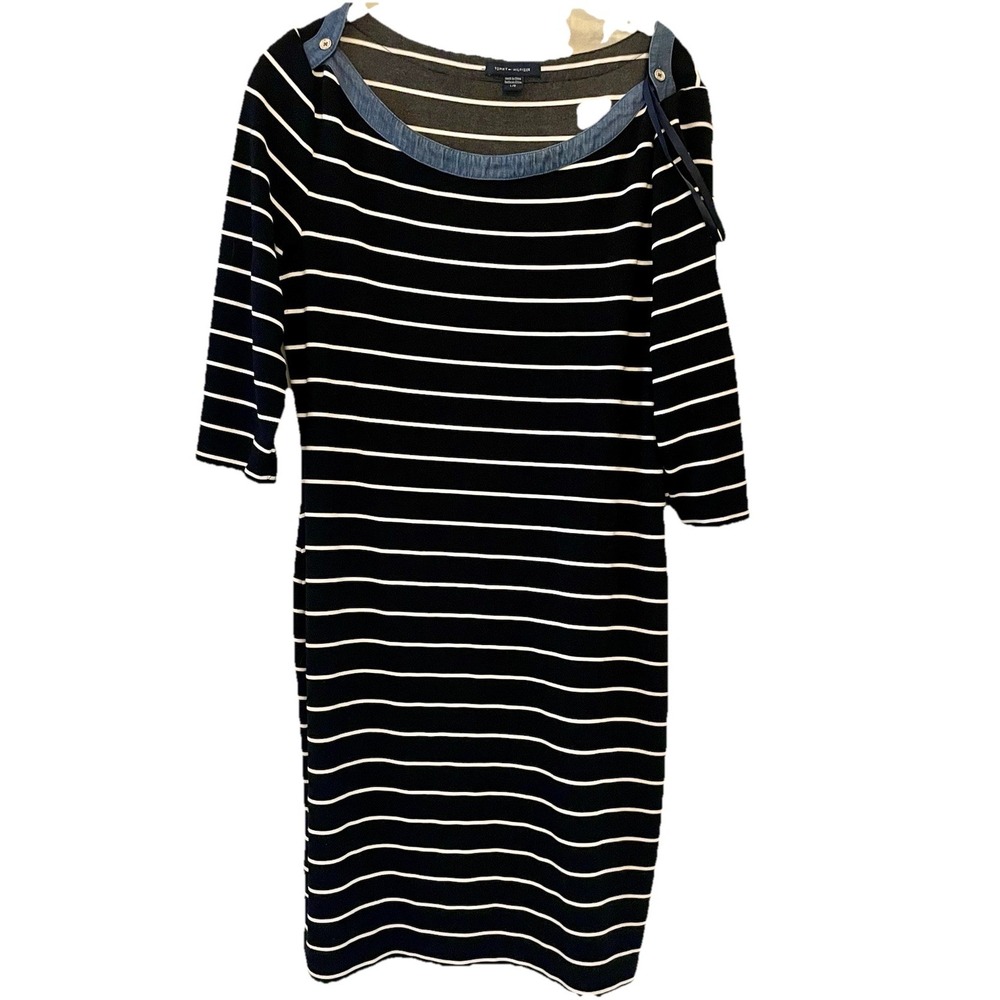 Tommy Hilfiger Shirt Dress Size Large‎ knit comfort Casual Denim collar Stripe